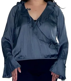 A New Day Blue satiny long sleeve blouse. thumbnail 1
