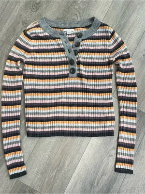 American Eagle Ribbed Striped Henley Sweater Small Gray Pink Orange Long Sleeve thumbnail 2