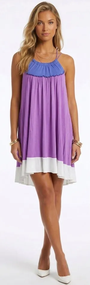 Calypso Christiane Celle Purple Colorblock Ruffle‎ Halter Mini Dress XS thumbnail 1