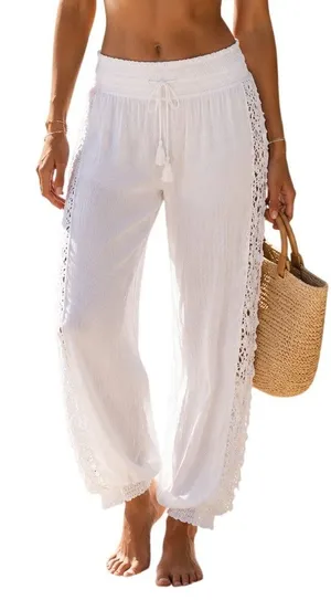 Ocean Drive White Crochet Trim Boho Beach Cover Up Pants Women's Medium thumbnail 1