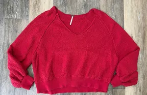 Free People Nubby Knit Sweater Medium Red V Neck Balloon Sleeve Cozy thumbnail 1