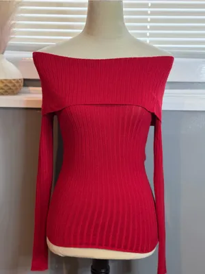 Source Unknown Off-the-Shoulder Ribbed Sweater Top in Red thumbnail 3
