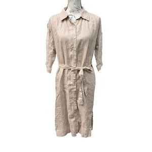 Tahari Womens 100% Linen Belted Button Down Shirt Dress Tan Beige Small thumbnail 2
