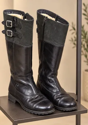 Title: UGG Barolo Tall Black Leather Shearling-Lined Moto Boots Women's 9.5 thumbnail 1