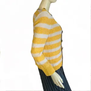 Loft Mustard Yellow, Beige & Gray Striped Cotton Cardigan Sweater (M) thumbnail 5