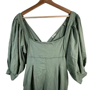 Free People Lotta Love Romper XS Sage Green Puff Sleeve Pleated Reversible Boho thumbnail 5