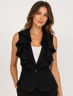 Anthropologie Tabitha Black Ruffle Collar Sleeveless Blazer Vest Wool Blend 6 thumbnail 1