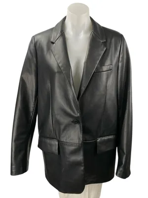 Zara Womens Black Faux Vegan Leather Long Sleeve Button Blazer Coat Jacket Sz M thumbnail 1