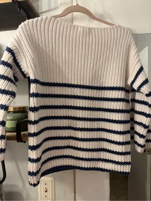Lands' End Cotton Cream & Navy Striped Crewneck Sweater thumbnail 4