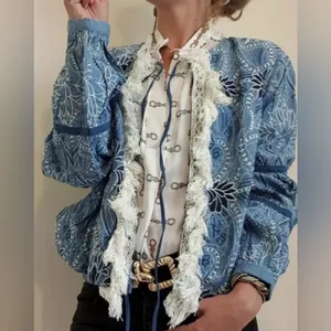 Zara Blue floral embroidered jacket with crochet lace trim thumbnail 2