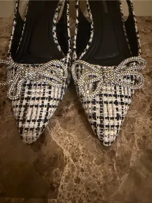 BCBGeneration Black and White Tweed Pointed Slingback Heels with Rhinestone Bow thumbnail 2