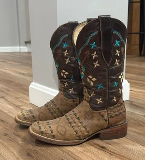 Vintage Handmade In Mexico Western Aztec Square Toe Leather Cowboy Boots | Sz 8 thumbnail 1