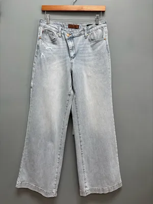 Judy Blue High Waist Retro Wide Leg Criss Cross Mild Destroy Jeans Blue 7/28 thumbnail 4
