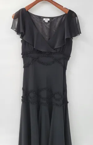 VTG Liz & Co Cocktail Dress Womens 8 Black Ruffled Detail V-Neck Flutter Sleeve thumbnail 1