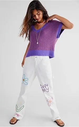 Free People Lavender and Orange V-Neck Sweater Vest Through the Motions thumbnail 1