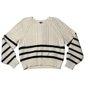 Express Striped Cable Knit Sweater Cream Black Cropped Size S Preppy Coastal thumbnail 5