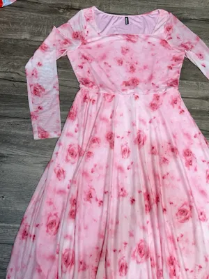 Blush Pink Floral Long-Sleeve Midi Dress with Square Neck Size L thumbnail 6