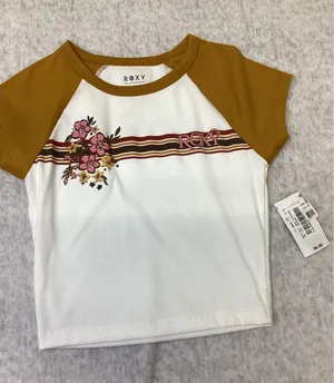 Roxy Womens Floral Raglan Ribbed Baby Tee Mustard Yellow White Crop Top Small.. thumbnail 1