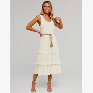 KATE & LILY Elegant Cream Lace Boho Midi Dress Sleeveless Ruffle Sz Medium thumbnail 3