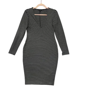 Express Womens Black White Striped V-Neck Long Sleeve Bodycon Midi Dress Medium‎ thumbnail 2