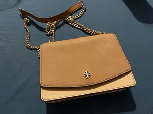 Tory Burch Two-Tone Tan Leather Crossbody with Gold Chain thumbnail 1