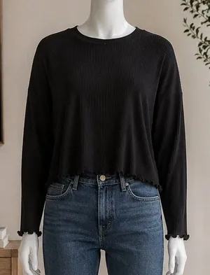 Aqua Lounge Womens Ribbed Long Sleeve Lettuce Edge Top Black S thumbnail 1