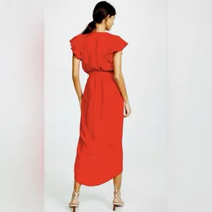 Amanda‎ Uprichard Red Martinique Midi Dress Ruffle Sleeve Tulip Hem Belt MEDIUM thumbnail 5