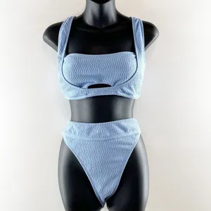 Cupshe Sporty Lace-Up Back Bikini Bralette Mid-Rise Bottoms Set Blue Large thumbnail 4