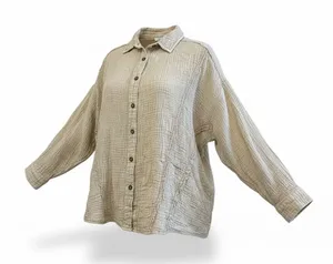 Easel Women's Beige Textured Crinkle Gauze Button Up Shirt Top Medium‎ thumbnail 1