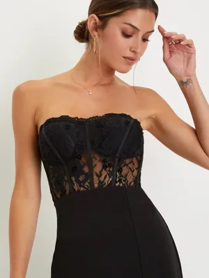 Lulus Sultry Persona Black Lace Strapless Bustier Mermaid Maxi Dress size medium thumbnail 9