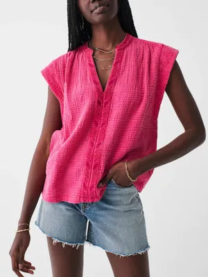 Faherty Dream Cotton Gauze Lucia Top in pink size large thumbnail 1