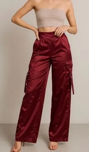 Persaya Women’s Wide Leg Satin Cargo Pants in Burgundy/Brown Size XL thumbnail 1