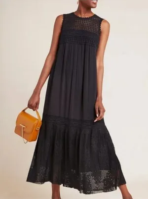 Anthropologie Karina Black Crochet Lace Swiss Dot Maxi Dress thumbnail 1