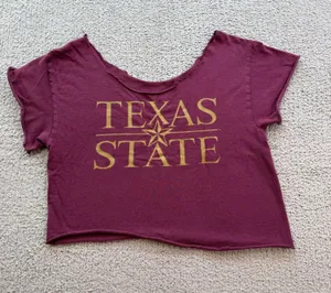Texas State Bobcats Maroon Gold Raw Hem Cropped T-Shirt Small Sorority thumbnail 1
