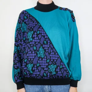 Vintage 80s Purple & Teal Houndstooth Rose Sweater thumbnail 2