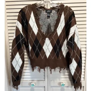 Just Polly‎ Argyle Knit Crop Sweater V Neck Long Sleeve Size Large Soft Fray Hem thumbnail 1