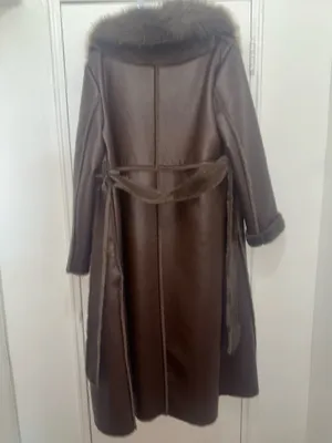Women leather fur coat size XL brown thumbnail 9