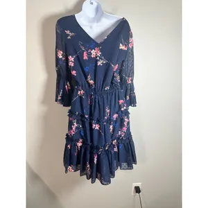Eliza J Navy Floral Clip Dot Tiered Ruffle Fit &‎ Flare Dress Bell Sleeve Size 2 thumbnail 6