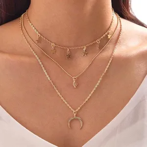 Dainty Star Rhinestone Moon Charm Layered Necklace thumbnail 1