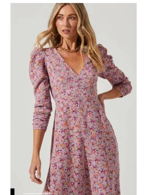 ASTR the Label Puff Sleeve V-Neck Back Cutout Midi Dress, purple peach floral XL thumbnail 2