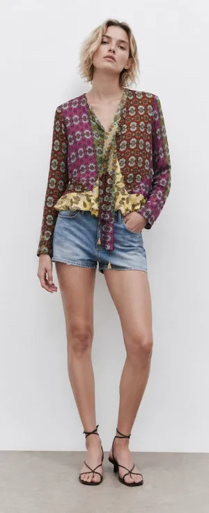 Zara Patchwork Floral Tie Neck Blouse Boho Y2K Sheer Top Multicolor Size S thumbnail 1