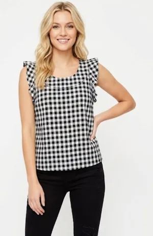 LOFT size small black checkered ruffle top thumbnail 1