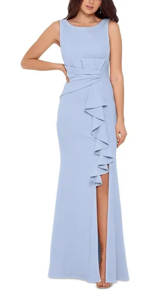 Betsy & Adam Womens Ruched Side Slit Evening Dress Maxi Gown Light Blue 10 NEW thumbnail 1