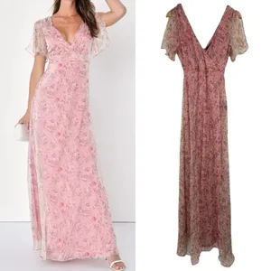 Lulus Floral Flutter Sleeve Maxi Dress XS Dreamiest Desires Garden Party Pink thumbnail 2