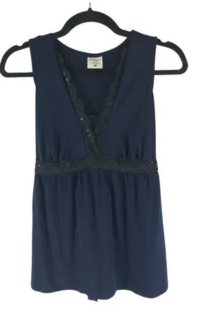 Motherhood Maternity Navy Blue Sleeveless Top With Lace Trim Tie Waist Size M thumbnail 1