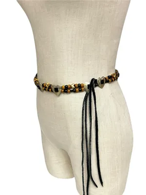 Vintage Beaded Leather Wrap Tie Belt Hearts Western Boho Waist Belt thumbnail 3