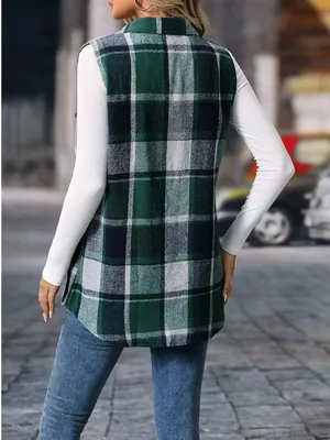 Cute Duck Women's Green Plaid Sleeveless Long Vest Jacket XL thumbnail 2