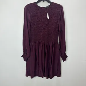 Madewell Long-Sleeve Smocked Mini Dress Dark Pomegranate Crepe Medium NWT thumbnail 7