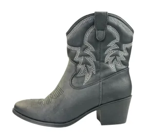 Global Win Black Faux Leather Stitch Embroidered Mid Calf Western Cowboy Boots 8 thumbnail 1