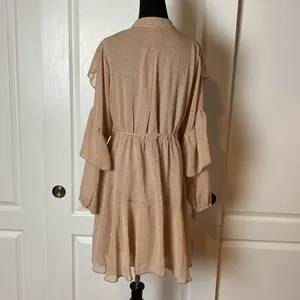 Taupe Polka Dot Ruffle Long Sleeve Dress Modest thumbnail 3